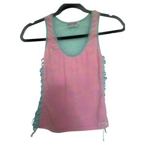 Anti-Flirt Paris Tank Top Womens S Pink Blue Excellent Lace Up Y2K Vintage